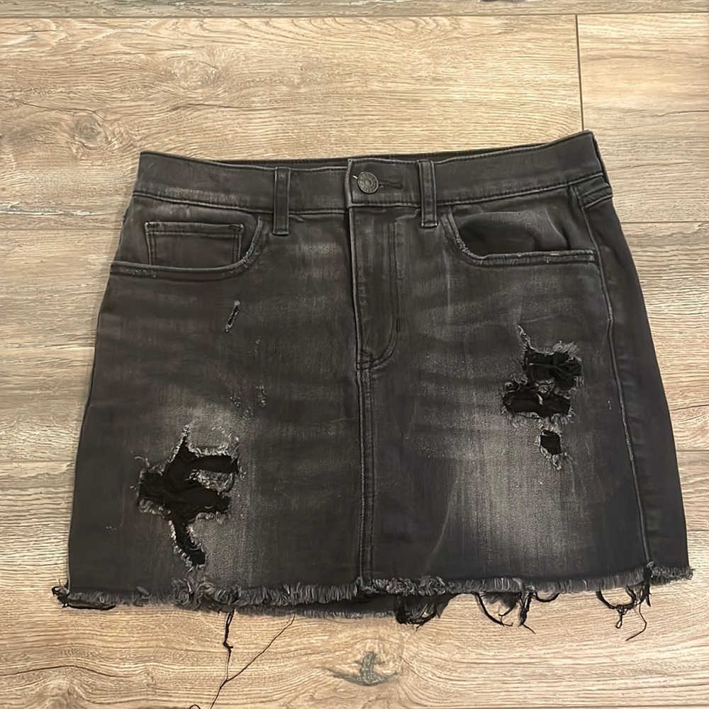Distressed Black Denim Skirt